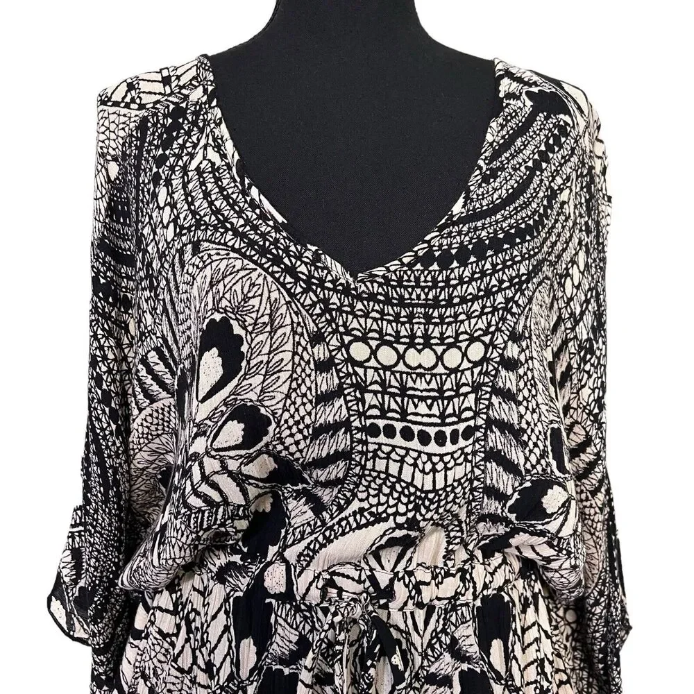 Angie Size M Black/Ivory Beach Cover Up Tie Draw‎ Waist V-neck Poncho Style